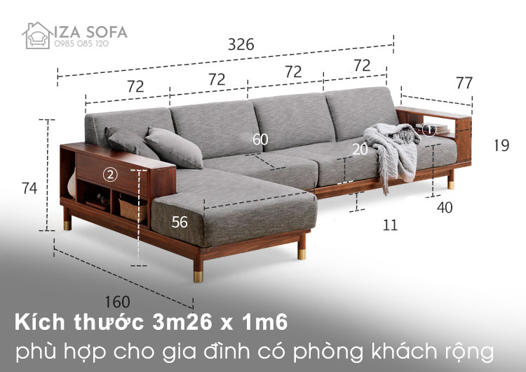 Kích thước sofa gỗ sồi Nga chữ L ZG60