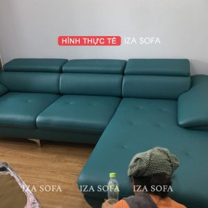 Sofa da góc chữ L hiện đại màu xanh cổ vịt