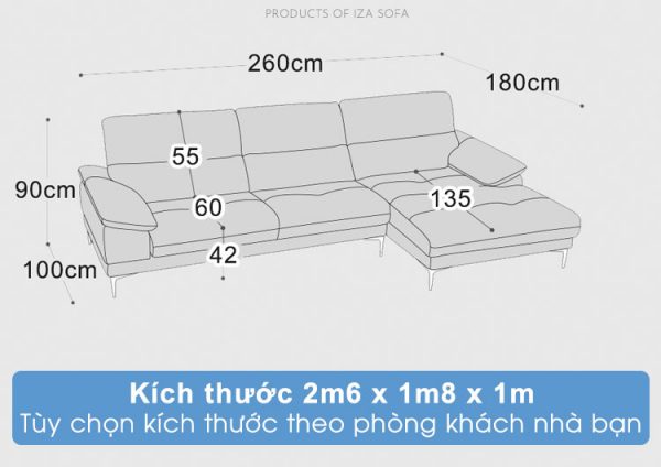 Kích thước sofa da góc chữ L HD72
