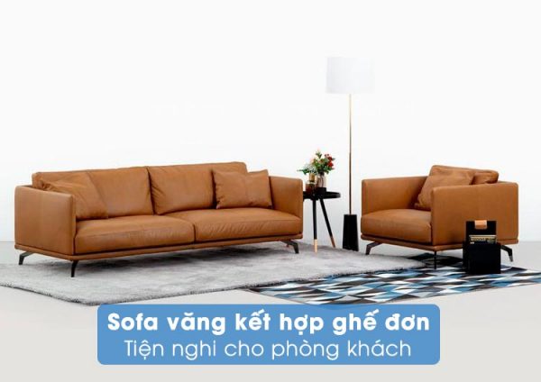 Sofa văng màu da bò kèm ghế đơn