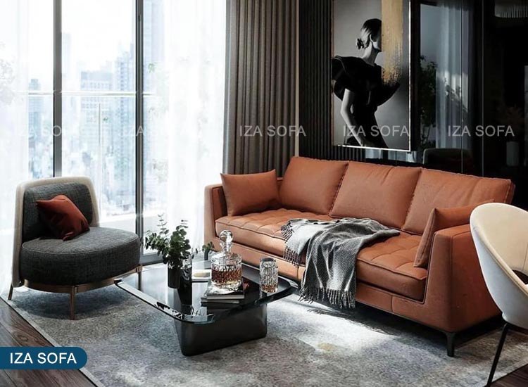 Mẫu sofa văng da màu cam hiện đại
