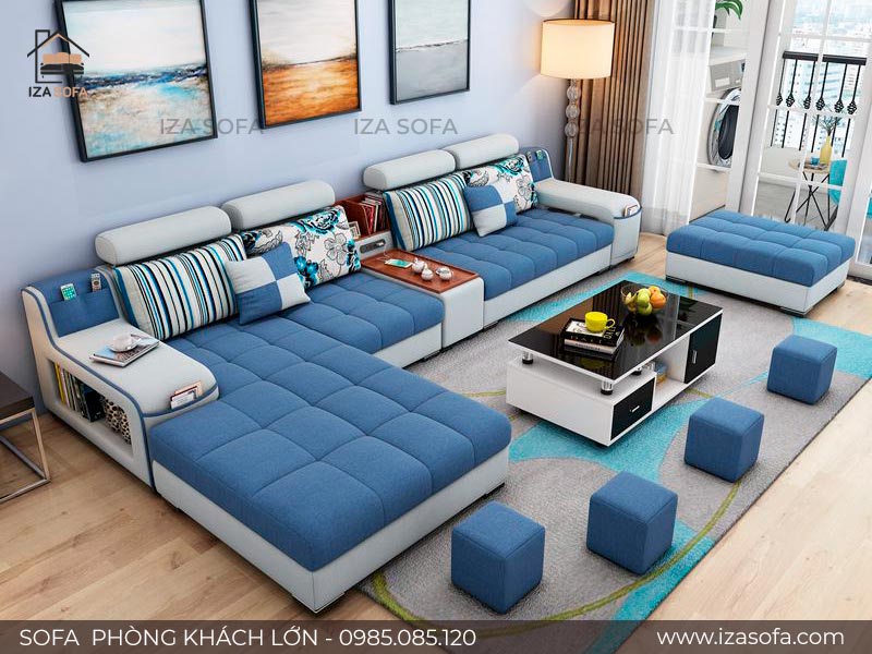 Sofa nỉ màu xanh cho phòng khách rộng