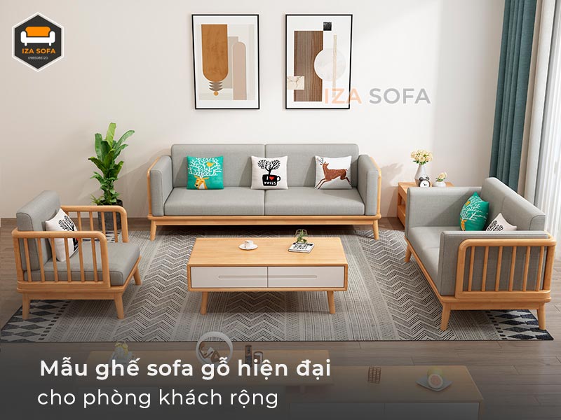 Sofa gỗ chữ u phòng khách rộng