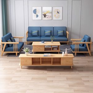 Bộ ghế sofa gỗ đệm nỉ xanh hiện đại