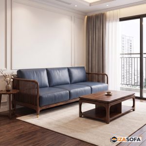 Sofa gỗ căn hộ chung cư đệm màu xanh